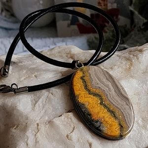 Large Genuine Royal Yellow Jasper Cabochon Rhodium/925 Silver Leather Necklace